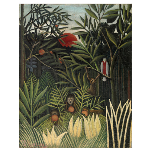 숲속의 원숭이와 앵무새 - 앙리 루소 / 인테리어그림 (수입원목액자)